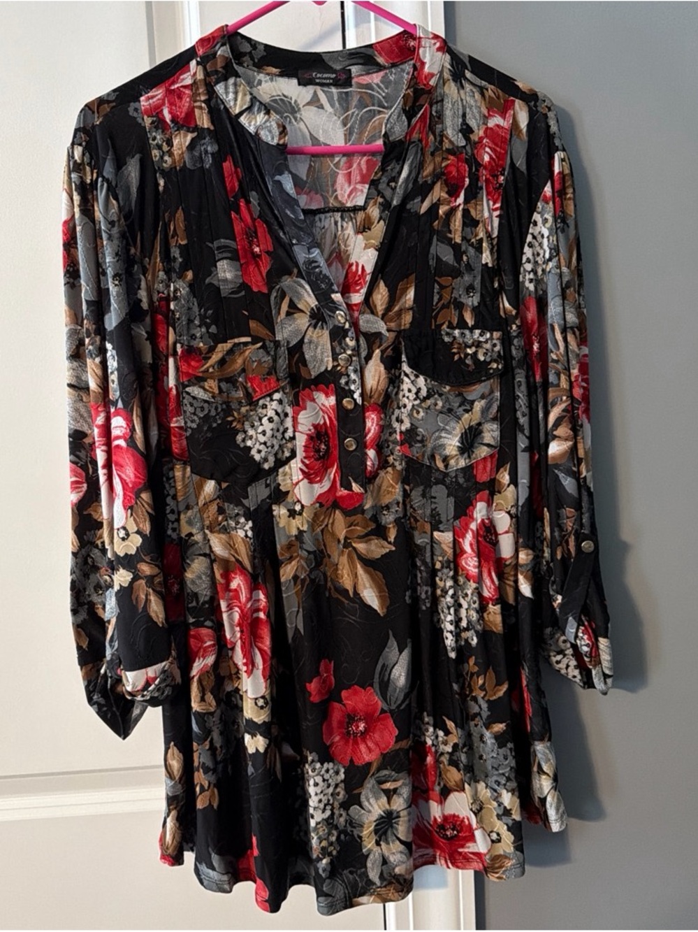 Charming Floral V-Neck Blouse - Black with Red & Tan Floral